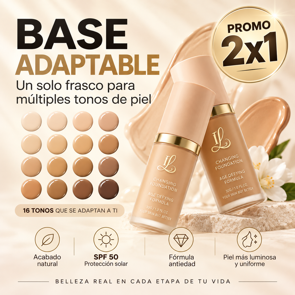Base de Maquillaje Antiedad con SPF 50 – Se Adapta a tu Tono de Piel