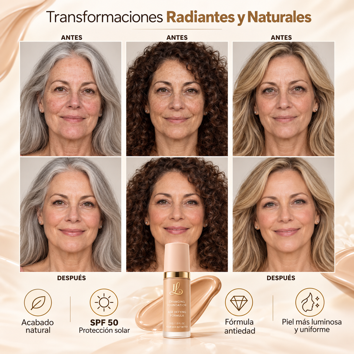 Base de Maquillaje Antiedad con SPF 50 – Se Adapta a tu Tono de Piel